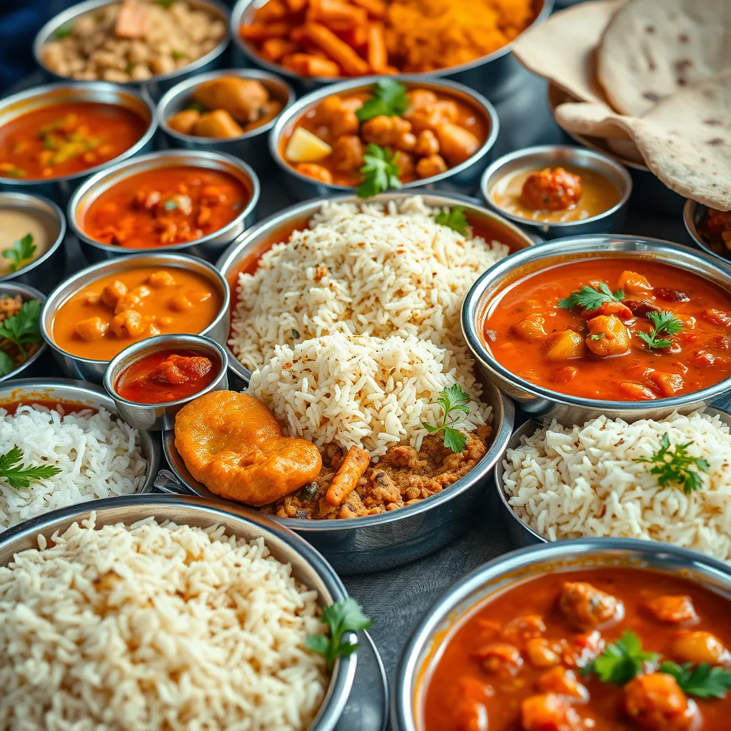 A close-up shot of a beautifully arranged Indian buffet spread. The image should showcase a variety of colorful curries, tandoori dishes, rice, and naan bread.  There should be a diverse selection of vegetarian and non-vegetarian options. The image should be visually appealing and capture the deliciousness and variety of the buffet.