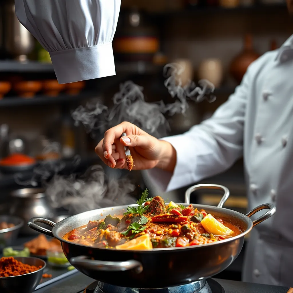 A close-up shot of a chef in a white uniform preparing a traditional Indian dish. The chef is carefully adding spices and herbs to a large pan, and steam rises from the dish, creating a sense of excitement and anticipation. The background features a bustling kitchen with Indian spices and ingredients.