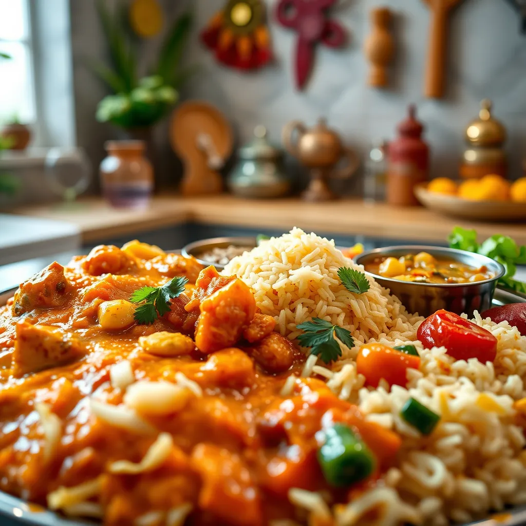 A close-up shot of a platter of beautifully arranged Indian dishes, including a vibrant curry, fragrant rice, and colorful vegetables. The food should be steaming and inviting, with a focus on the intricate details and vibrant colors. The background should be a warm, inviting kitchen setting with Indian-inspired decorations.