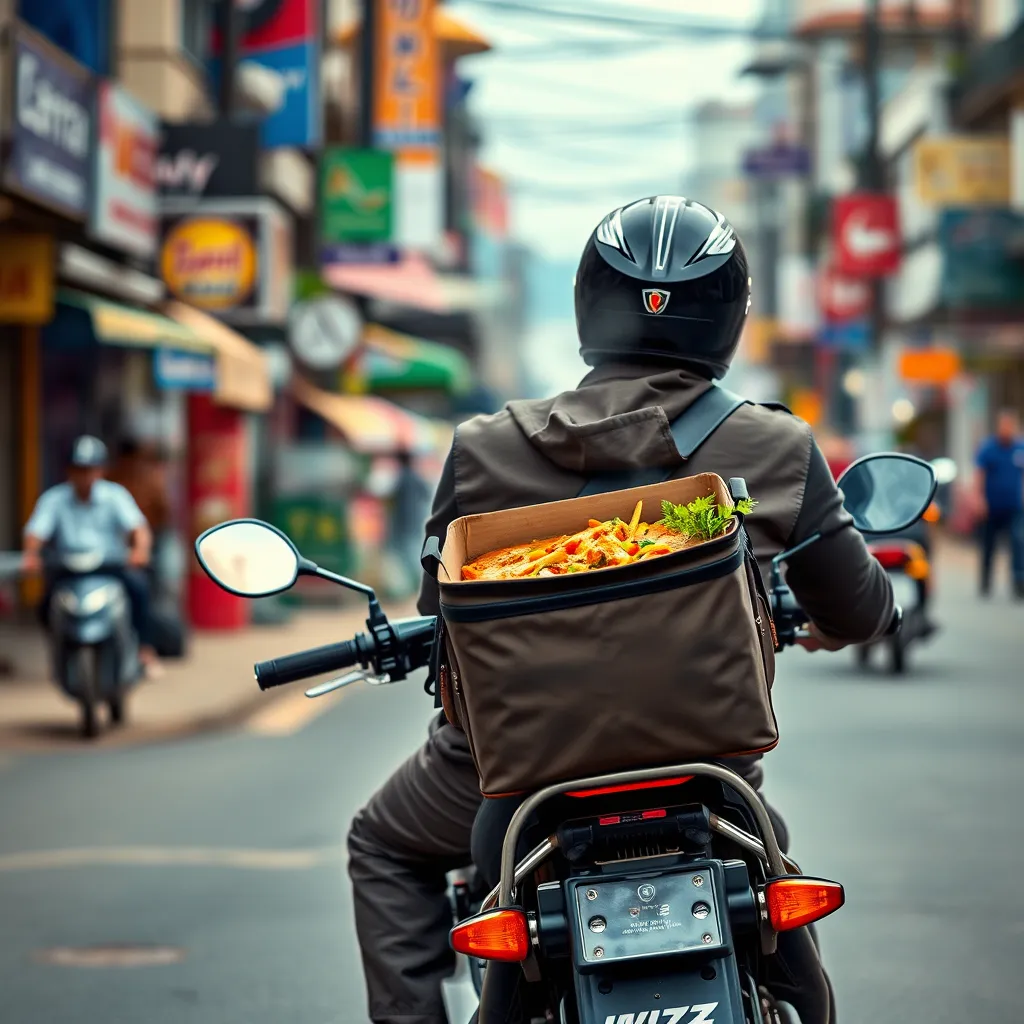 A delivery person on a motorcycle with a delivery bag carrying a steaming container of Indian food. The background should be a bustling street in Pattaya, Thailand. The image should capture the ease and convenience of ordering food online and getting it delivered to your location.