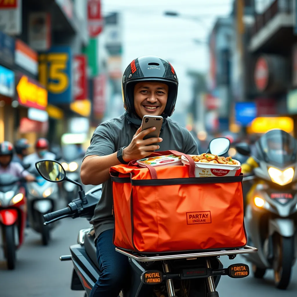 A delivery rider on a motorcycle, carrying a delivery bag with Indian food containers. The rider should be smiling and holding a phone, showing a confirmation of the order. The background should be a busy street in Pattaya, with the image capturing the vibrant energy of the city.
