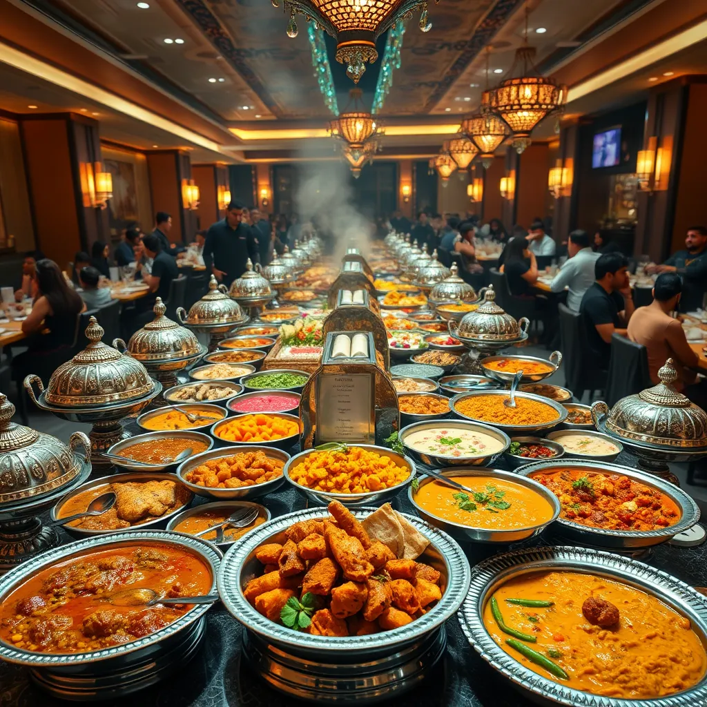 A grand Indian buffet spread, showcasing a wide array of delectable dishes under a warm, inviting lighting. The centerpiece of the image is a large, ornate buffet table, laden with an assortment of colorful and flavorful dishes. The table is adorned with elegant Indian-inspired tableware, including silver serving platters and intricate glass bowls. The buffet offers a variety of tantalizing options, such as aromatic biryani, spicy vindaloo, creamy tandoori chicken, fresh naan bread, and assorted chutneys. The food is presented with meticulous care, highlighting the vibrant colors and textures of each dish. The background features a bustling restaurant environment, with diners enjoying their meals, creating a lively and inviting atmosphere. The image should be captured in a wide-angle shot, showcasing the grand scale of the buffet and the abundance of delicious food options. The style should emulate a photorealistic, ultra-detailed 8K resolution image, capturing the bustling ambiance of the restaurant.