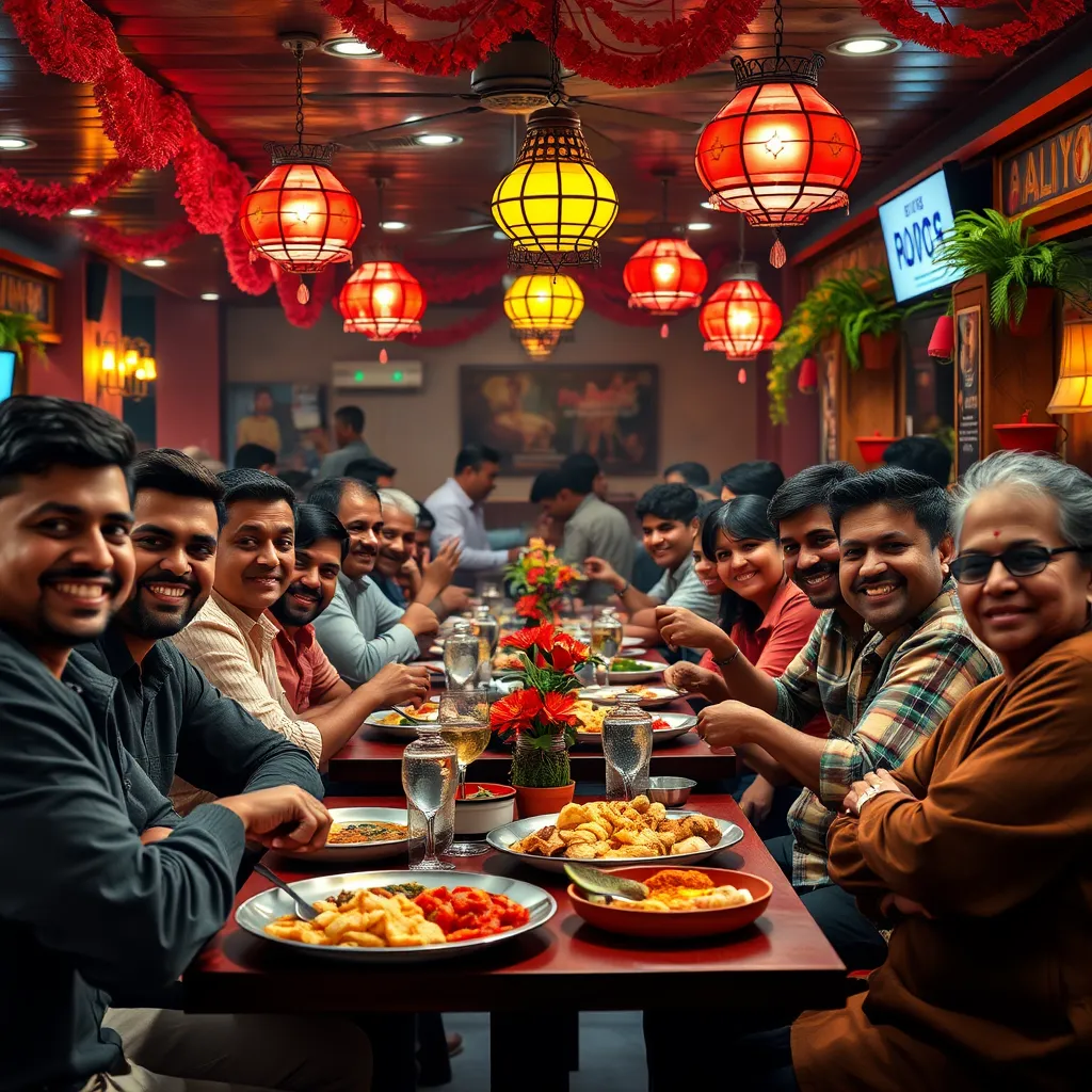 A lively scene inside the Indian restaurant, with groups of people enjoying their meals at tables. The atmosphere should be vibrant and festive, with traditional Indian music playing in the background. The image should focus on the happy expressions on the diners' faces and the delicious-looking food on their plates.