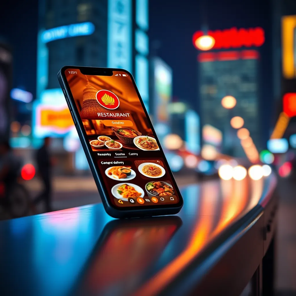 A modern, sleek mobile phone showcasing the online ordering interface of an Indian restaurant in Pattaya. The phone displays the restaurant's logo and a vibrant menu with enticing images of popular dishes. The screen is illuminated by a soft, warm glow, highlighting the ease of ordering and the convenience of delivery. The background features a blurred cityscape, representing the bustling urban setting of Pattaya, suggesting the restaurant's accessibility. The image should be captured in a close-up perspective, focusing on the phone and its interface. The style should be modern and sleek, emphasizing the convenience of technology, while incorporating warm, inviting tones to highlight the deliciousness of the food. The image should be rendered in hyperrealistic 8K resolution, with meticulous detail in the phone interface and its surrounding environment.