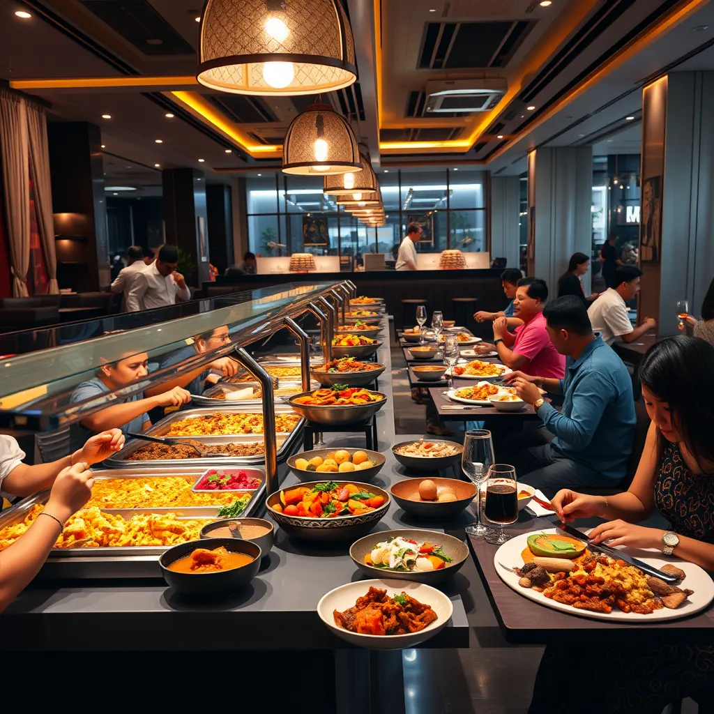 A modern and stylish setting in an Indian restaurant in Pattaya. People are enjoying a buffet spread filled with colorful Indian dishes, while others are dining at tables with delicious meals. The image should convey a sense of comfort and indulgence.