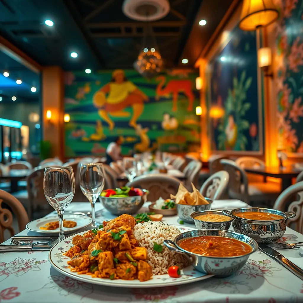 A vibrant, bustling Indian restaurant in Pattaya, featuring warm, inviting lighting. The scene focuses on a beautifully arranged table with a delicious A La Carte meal for two. The table is set with elegant Indian-inspired tableware, adorned with intricate floral patterns and gleaming silver accents. The meal consists of a tantalizing selection of dishes, including a rich butter chicken with fragrant basmati rice, flavorful vegetable samosas, and a creamy lentil dal. The food is meticulously arranged, highlighting the colors and textures of each ingredient. The background features a traditional Indian mural, adorned with vibrant colors and intricate patterns, adding a touch of cultural richness. The image should be captured in a wide-angle shot, showcasing the restaurant's warm ambiance, with a subtle focus on the delicious food. The style should emulate the work of a renowned food photographer, achieving a hyperrealistic and ultra-detailed 8K resolution image.