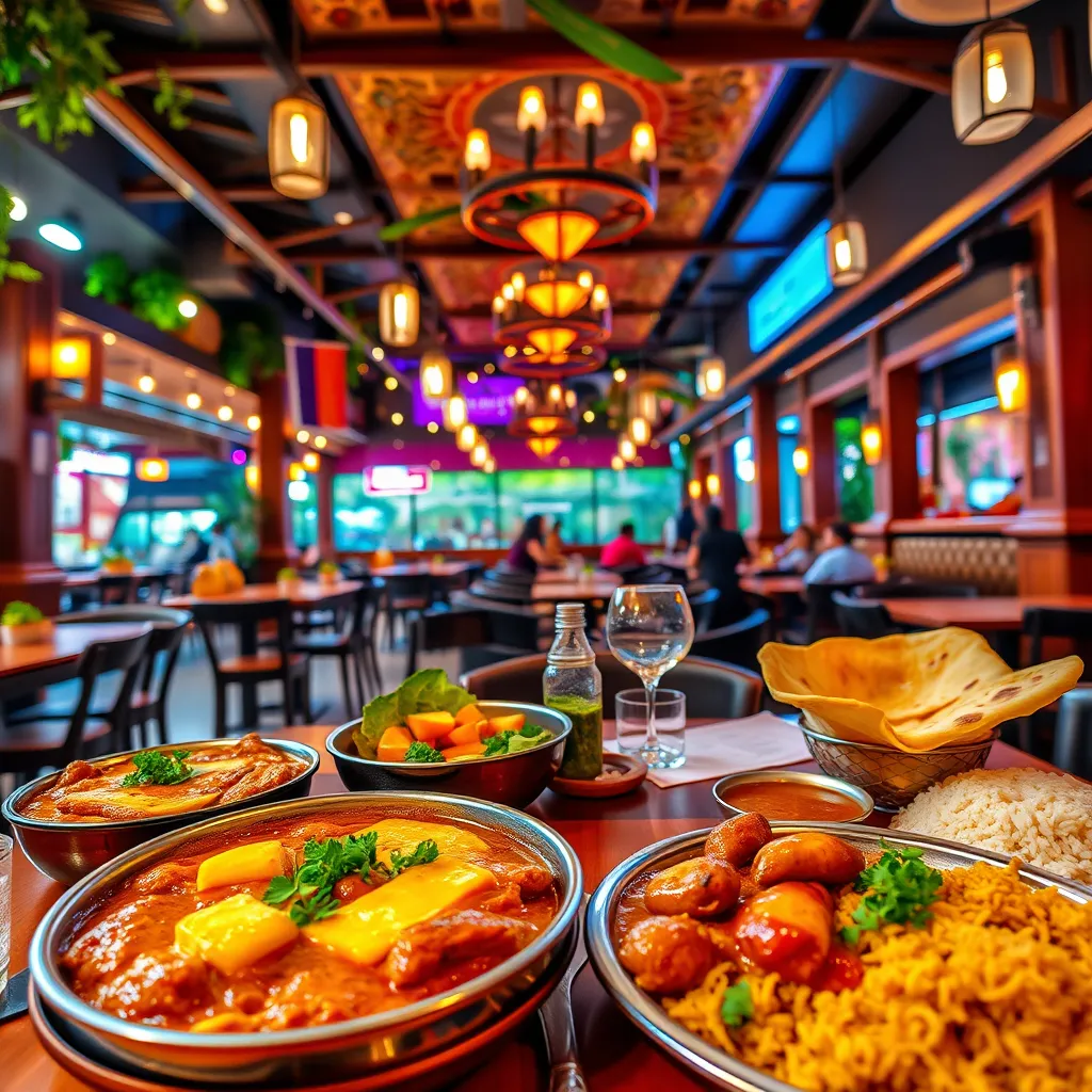 A vibrant and inviting image for an Indian restaurant in Pattaya. Capture a bustling scene with a mix of both indoor and outdoor seating areas. Focus on a beautifully decorated table with traditional Indian dishes: a sizzling tandoori platter, a creamy butter chicken, fluffy naan bread, and aromatic rice. The background should feature warm, earthy tones with ornate decor and hanging lights. The lighting should be soft and warm, highlighting the delicious food and creating a cozy ambiance. Use a wide-angle lens to showcase the restaurant's atmosphere and capture the energy of the dining experience. Ensure the image is hyperrealistic with a focus on texture, detail, and rich colors. The overall mood should be inviting, enticing, and full of flavor. Think of a modern take on traditional Indian restaurants with a touch of Pattaya's vibrant nightlife. Aim for a photorealistic 8K resolution image with a depth of field that emphasizes the delicious food in the foreground., ultra high resolution, photorealistic, 8K, hyperdetailed, cinematic lighting