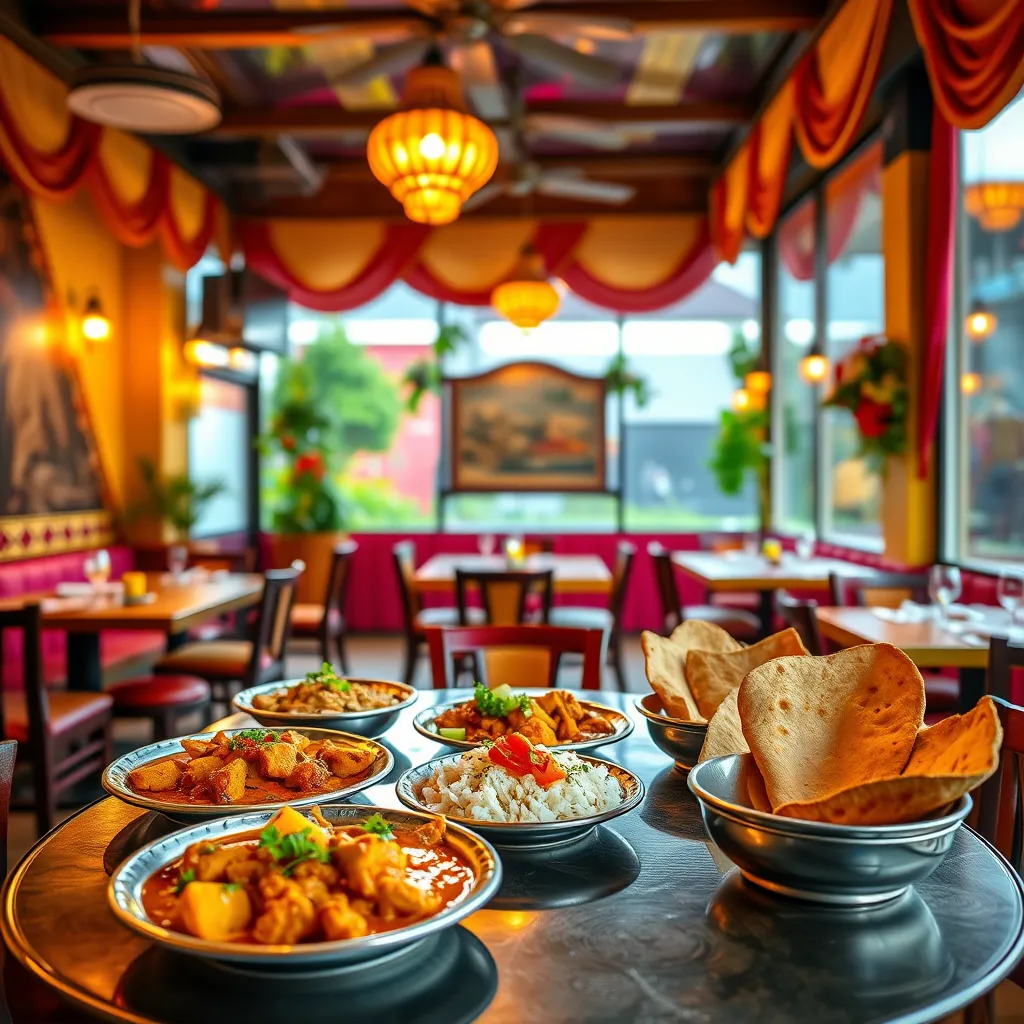 A vibrant and inviting scene inside an Indian restaurant in Pattaya. A table is set with various Indian dishes like butter chicken, naan bread, and samosas. The background features traditional Indian decor with colorful fabrics and warm lighting.