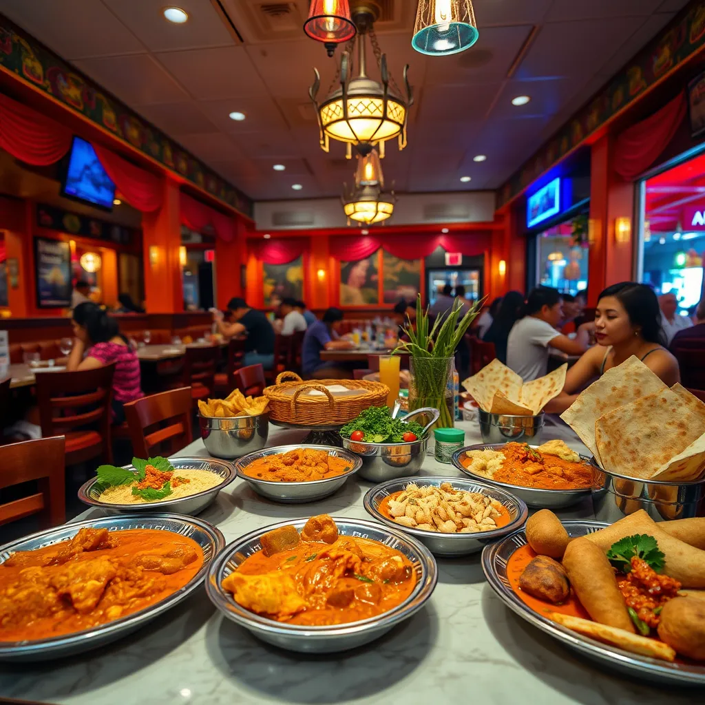 A vibrant scene inside an Indian restaurant in Pattaya, Thailand. The table is set with colorful plates of traditional Indian dishes like butter chicken, naan bread, and samosas. The restaurant is bustling with activity, and there are happy diners enjoying their meals. The image should have a warm, inviting atmosphere and capture the authentic flavors of Indian cuisine.